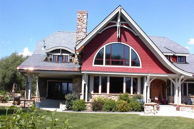 Inspiration for a large farmhouse red two-story mixed siding house exterior remodel in Salt Lake City
