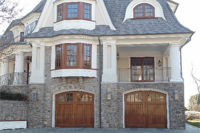 Photo of a large and beige traditional two floor house exterior in New York with mixed cladding.