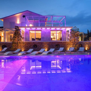 Outdoor well-lighted swimming pool