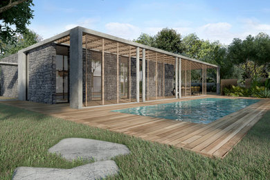 Inspiration för mellanstora moderna grå hus, med allt i ett plan, tegel, platt tak och tak i mixade material