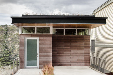 Foto della facciata di una casa piccola moderna a tre piani con rivestimento con lastre in cemento e tetto piano