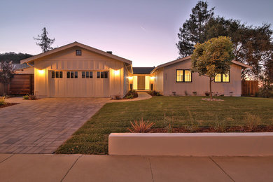 Country white one-story concrete fiberboard exterior home photo in San Francisco with a shingle roof