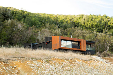Foto della facciata di una casa nera contemporanea a un piano di medie dimensioni con rivestimento in legno