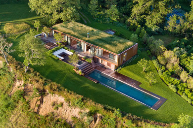Example of a minimalist wood exterior home design in Other with a green roof