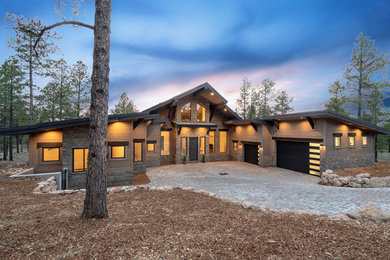 Inspiration for a large transitional brown one-story mixed siding exterior home remodel in Phoenix with a mixed material roof