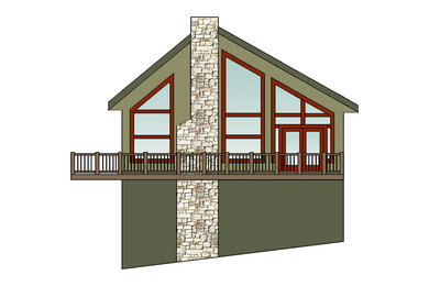Modelo de fachada verde tradicional renovada de tamaño medio de tres plantas con revestimiento de aglomerado de cemento y tejado a dos aguas