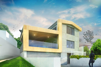 Mittelgroße, Zweistöckige Industrial Holzfassade Haus mit grauer Fassadenfarbe und Walmdach in Perth
