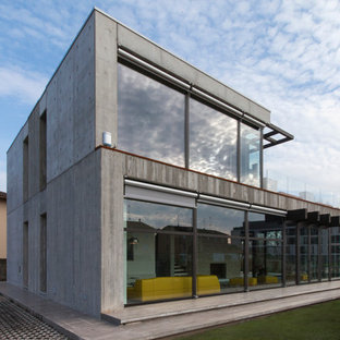 Ispirazione per la facciata di una casa grigia industriale a due piani di medie dimensioni con rivestimento in cemento e tetto piano