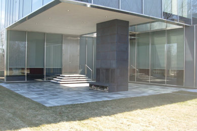 Cette image montre une grande façade de maison grise minimaliste à un étage avec un revêtement mixte.