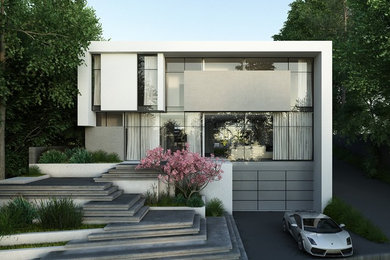Inspiration for a large and white modern two floor render house exterior in New York with a flat roof.