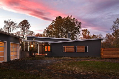 Cette image montre une façade de maison grise design en béton de taille moyenne et de plain-pied avec un toit en appentis.