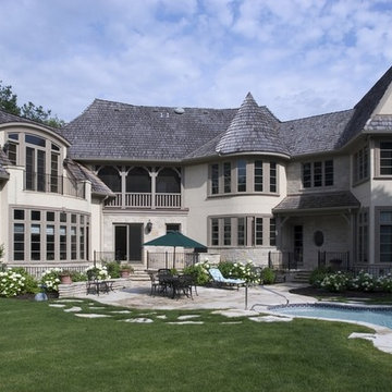 Rear Elevation of Country French Home in Stone and Stucco