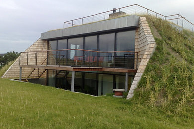 オールボーにある高級な中くらいな北欧スタイルのおしゃれな家の外観 (レンガサイディング、緑化屋根) の写真