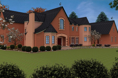 Diseño de fachada de casa marrón clásica grande de tres plantas con revestimiento de ladrillo, tejado a dos aguas y tejado de teja de barro