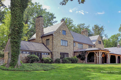 Inspiration for an expansive and beige traditional detached house in Baltimore with three floors, stone cladding, a pitched roof and a shingle roof.