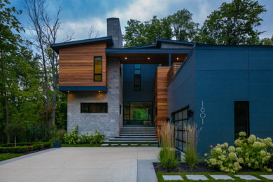 Inspiration for a modern wood exterior home remodel in Detroit with a metal roof