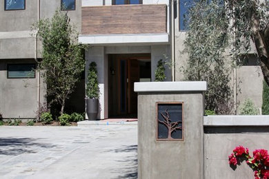 Large transitional gray two-story stucco exterior home photo in Orange County