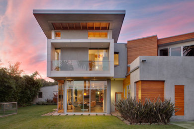 This is an example of a contemporary house exterior in Los Angeles with wood cladding.