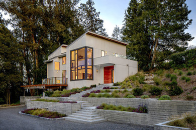 Inspiration for a mid-sized contemporary gray two-story concrete fiberboard house exterior remodel in San Francisco with a shed roof and a shingle roof