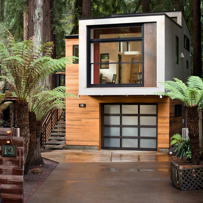 Inspiration for a small modern multicolored two-story wood house exterior remodel in San Francisco