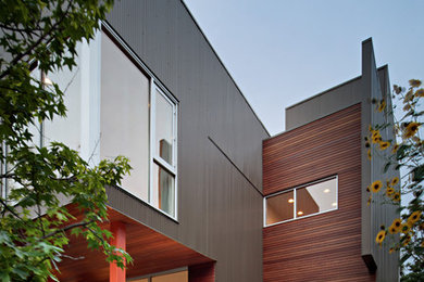 Immagine della facciata di una casa moderna con rivestimento in metallo