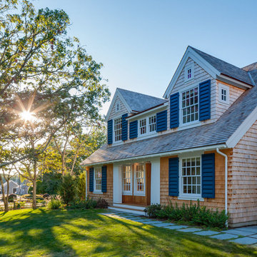 Shingle Style Home with Blue Shutters - Wychmere Rise - Custom Home on Cape Cod