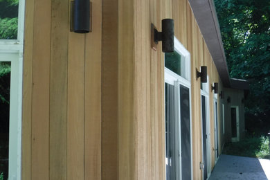 Modelo de fachada marrón moderna de una planta con revestimiento de madera