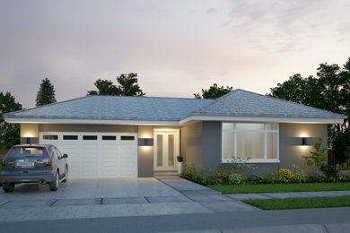 Inspiration for a gey contemporary bungalow render detached house in Orlando with a shingle roof.