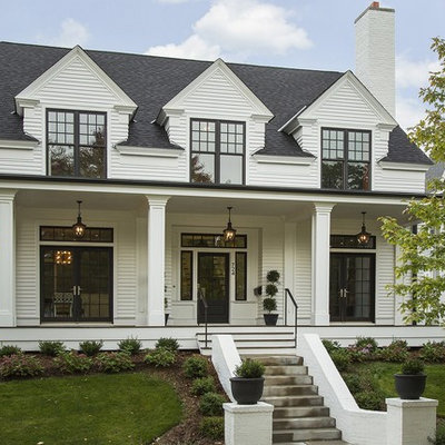Mid-sized transitional white two-story wood gable roof idea in Minneapolis