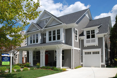 Mid-sized elegant gray two-story mixed siding gable roof photo in DC Metro