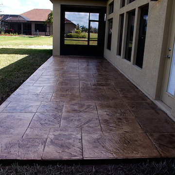 Stamped concrete, and stamped concrete overlays