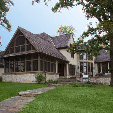 Stone and Cedar Screened Porch with Cathedral Ceiling