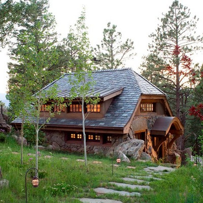 Small mountain style brown one-story mixed siding house exterior photo in Denver with a shingle roof and a hip roof