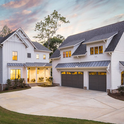 Cottage white two-story concrete fiberboard exterior home idea in Atlanta with a shingle roof