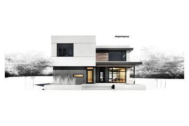 Inspiration for a mid-sized modern gray two-story stucco exterior home remodel in Edmonton