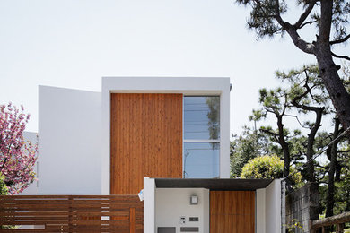 Cette image montre une façade de maison blanche design à un étage avec un toit plat.