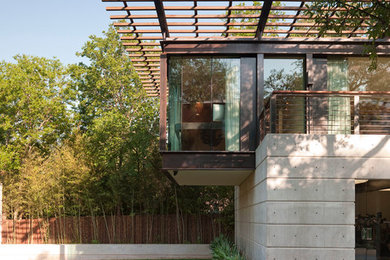 Cette photo montre une façade de maison grise moderne en béton de taille moyenne et à un étage avec un toit plat.