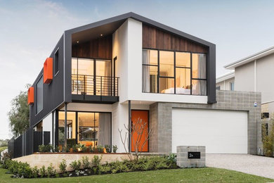 Example of a large trendy gray two-story metal exterior home design in Perth with a metal roof
