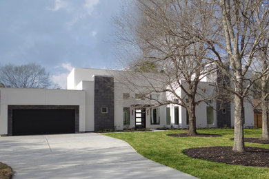 Ejemplo de fachada de casa blanca contemporánea de tamaño medio de una planta con revestimiento de estuco, tejado plano y techo verde