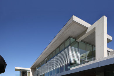 Imagen de fachada de casa blanca minimalista extra grande con revestimiento de hormigón y tejado plano