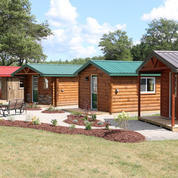 Tiny cabins with log siding, barn wood siding and adirondack siding