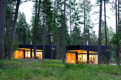 Idées déco pour une petite façade de maison noire montagne en bois de plain-pied avec un toit en appentis et un toit en métal.