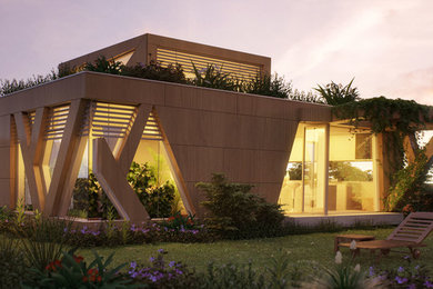 Inspiration för mellanstora moderna bruna trähus, med två våningar och platt tak