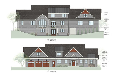 Идея дизайна: двухэтажный, серый частный загородный дом в стиле кантри с облицовкой из ЦСП, двускатной крышей и металлической крышей
