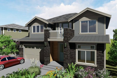 シアトルにある高級なトランジショナルスタイルのおしゃれな家の外観 (コンクリート繊維板サイディング、マルチカラーの外壁、混合材屋根) の写真