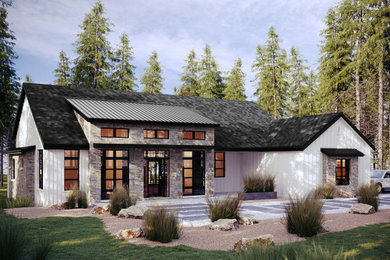 Diseño de fachada de casa blanca y negra campestre de tamaño medio de una planta con revestimiento de madera, tejado a dos aguas y tejado de varios materiales