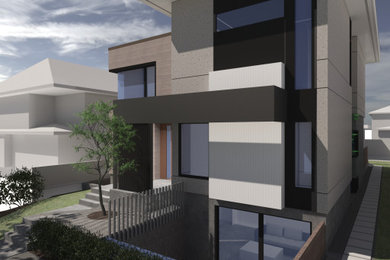 Imagen de fachada de casa blanca minimalista grande de tres plantas con revestimientos combinados y tejado plano