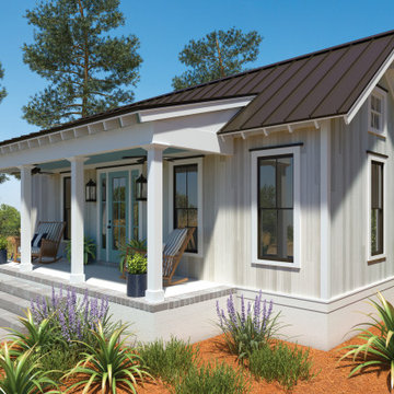 Vesta Plank Siding: Driftwood Woodgrain, Tourmaline Porch Ceiling