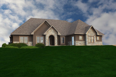 Modelo de fachada de casa clásica grande de dos plantas con revestimiento de piedra y tejado de teja de madera