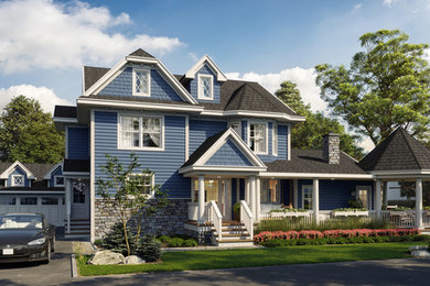 Beach style blue mixed siding house exterior photo in New York with a clipped gable roof and a shingle roof